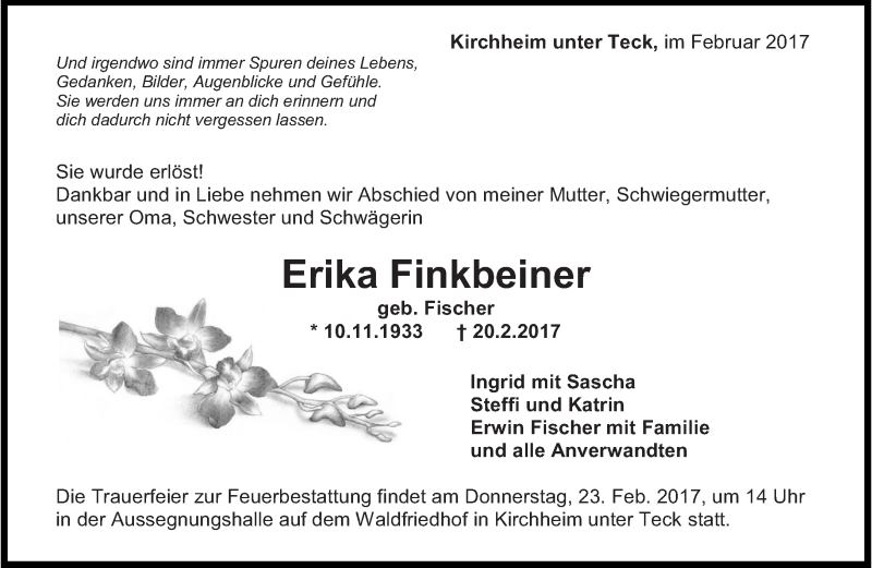  Traueranzeige für Erika Finkbeiner vom 22.02.2017 aus Eßlinger Zeitung/Cannstatter Zeitung