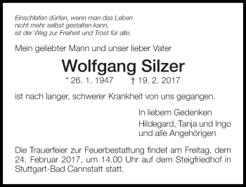 Traueranzeige von Wolfgang Silzer von Eßlinger Zeitung/Cannstatter Zeitung