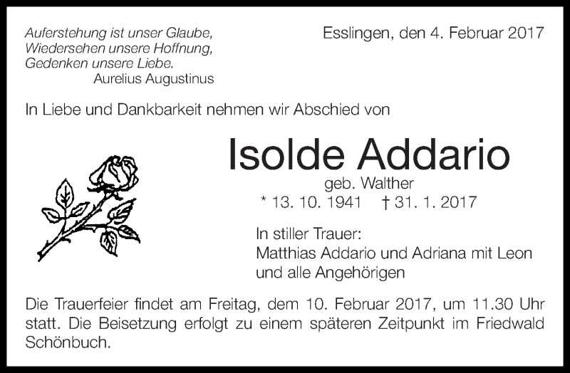  Traueranzeige für Isolde Addario vom 04.02.2017 aus Eßlinger Zeitung/Cannstatter Zeitung