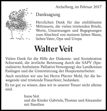 Traueranzeige von Walter Veit von Eßlinger Zeitung/Cannstatter Zeitung