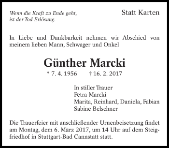 Traueranzeige von Günther Marcki von Eßlinger Zeitung/Cannstatter Zeitung