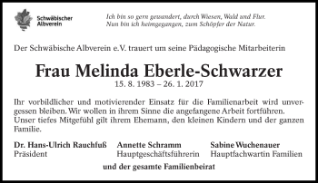 Traueranzeige von Melinda Eberle-Schwarzer von Eßlinger Zeitung/Cannstatter Zeitung