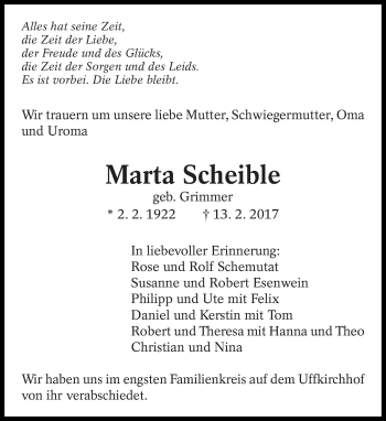 Traueranzeige von Marta Scheible von Eßlinger Zeitung/Cannstatter Zeitung