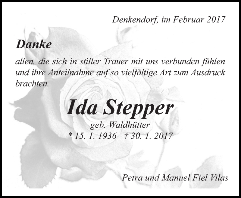  Traueranzeige für Ida Stepper vom 18.02.2017 aus Eßlinger Zeitung/Cannstatter Zeitung