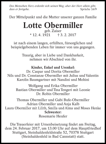 Traueranzeige von Lotte Obermiller von Eßlinger Zeitung/Cannstatter Zeitung
