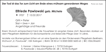 Traueranzeige von Elfriede Pawlowski von Eßlinger Zeitung/Cannstatter Zeitung