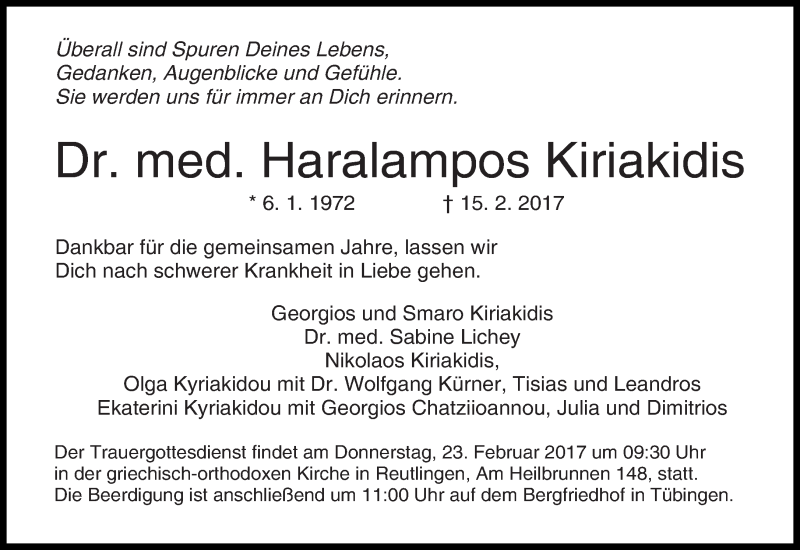  Traueranzeige für Haralampos Kiriakidis vom 20.02.2017 aus Eßlinger Zeitung/Cannstatter Zeitung