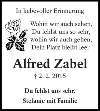 Traueranzeige von Alfred Zabel von Eßlinger Zeitung/Cannstatter Zeitung