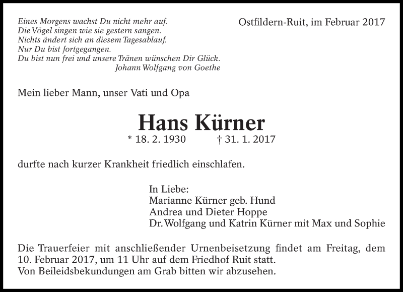  Traueranzeige für Hans Kürner vom 04.02.2017 aus Eßlinger Zeitung/Cannstatter Zeitung