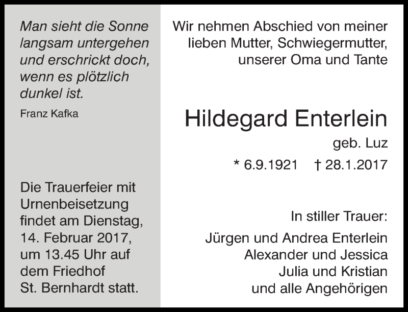  Traueranzeige für Hildegard Enterlein vom 03.02.2017 aus Eßlinger Zeitung/Cannstatter Zeitung
