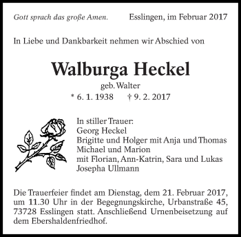 Traueranzeige von Walburga Heckel von Eßlinger Zeitung/Cannstatter Zeitung