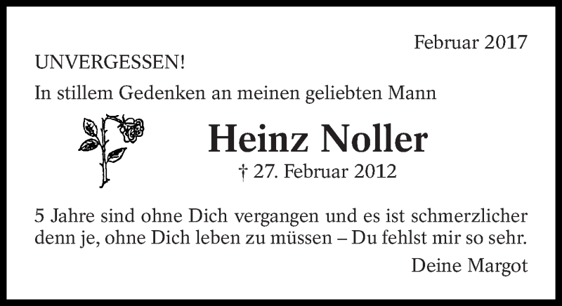  Traueranzeige für Heinz Noller vom 27.02.2017 aus Eßlinger Zeitung/Cannstatter Zeitung