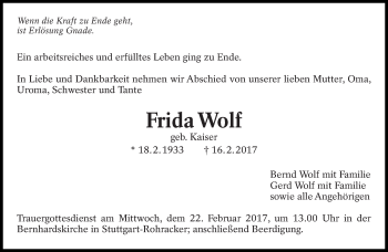 Traueranzeige von Frida Wolf von Eßlinger Zeitung/Cannstatter Zeitung