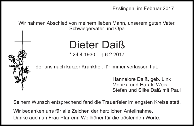  Traueranzeige für Dieter Daiß vom 18.02.2017 aus Eßlinger Zeitung/Cannstatter Zeitung