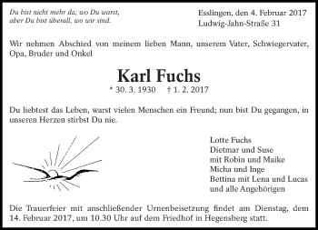 Traueranzeige von Karl Fuchs von Eßlinger Zeitung/Cannstatter Zeitung