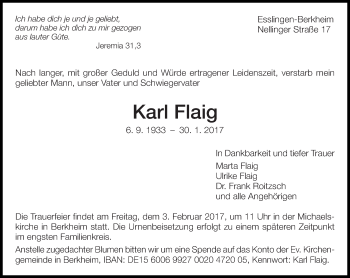 Traueranzeige von Karl Flaig von Eßlinger Zeitung/Cannstatter Zeitung