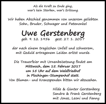 Traueranzeige von Uwe Gerstenberg von Eßlinger Zeitung/Cannstatter Zeitung