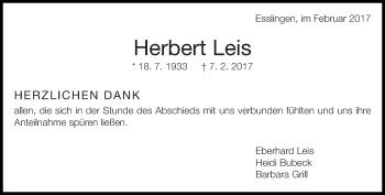 Traueranzeige von Herbert Leis von Eßlinger Zeitung/Cannstatter Zeitung