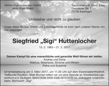 Traueranzeige von Siegfried Huttenlocher von Eßlinger Zeitung/Cannstatter Zeitung