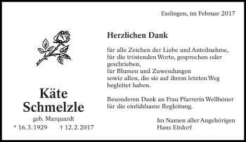 Traueranzeige von Käte Schmelzle von Eßlinger Zeitung/Cannstatter Zeitung