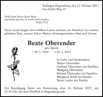 Traueranzeige von Beate Oberender von Eßlinger Zeitung/Cannstatter Zeitung
