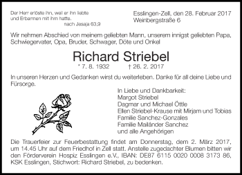 Traueranzeige von Richard Striebel von Eßlinger Zeitung/Cannstatter Zeitung
