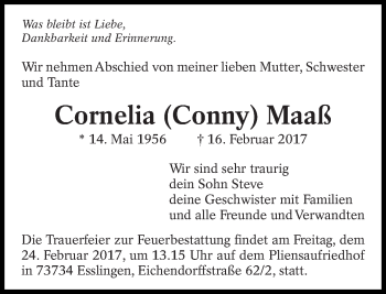 Traueranzeige von Cornelia Maaß von Eßlinger Zeitung/Cannstatter Zeitung