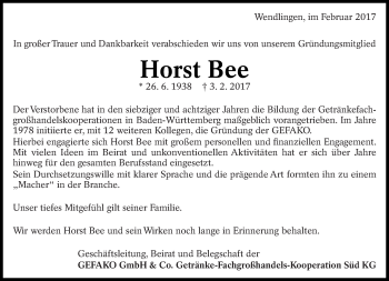 Traueranzeige von Horst Bee von Eßlinger Zeitung/Cannstatter Zeitung