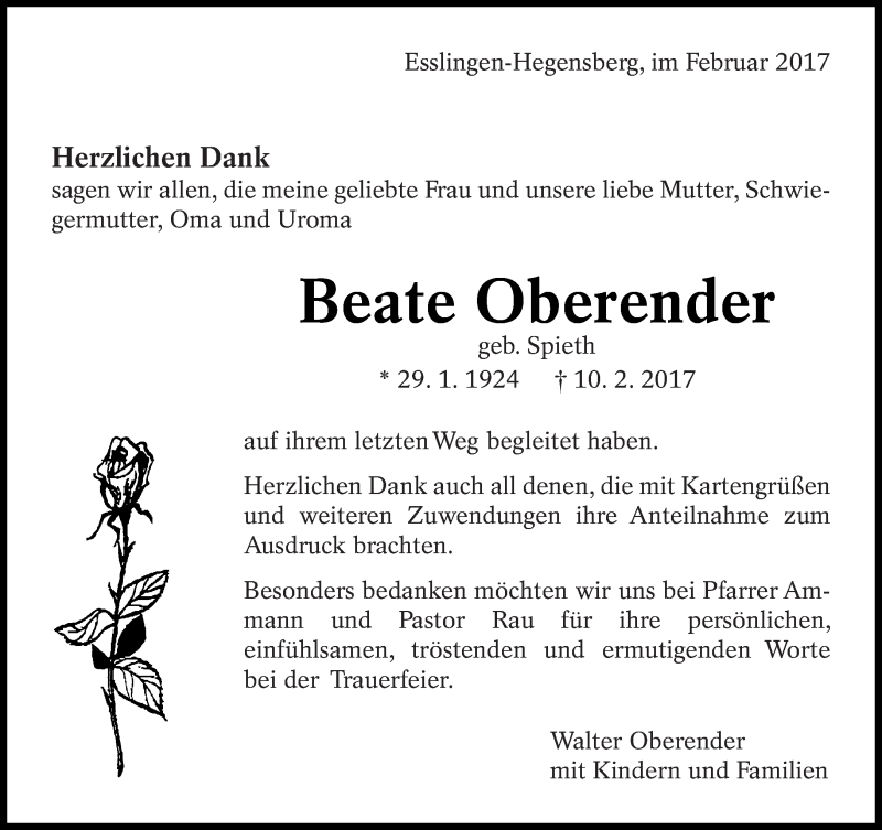  Traueranzeige für Beate Oberender vom 20.02.2017 aus Eßlinger Zeitung/Cannstatter Zeitung
