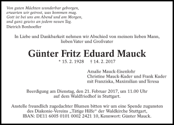 Traueranzeige von Günter Fritz Eduard Mauck von Eßlinger Zeitung/Cannstatter Zeitung