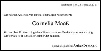 Traueranzeige von Cornelia Maaß von Eßlinger Zeitung/Cannstatter Zeitung