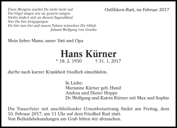 Traueranzeige von Hans Kürner von Eßlinger Zeitung/Cannstatter Zeitung