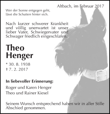 Traueranzeige von Theo Henger von Eßlinger Zeitung/Cannstatter Zeitung