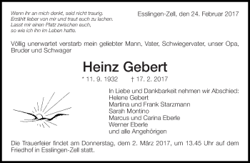 Traueranzeige von Heinz Gebert von Eßlinger Zeitung/Cannstatter Zeitung