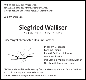 Traueranzeige von Siegfried Walliser von Eßlinger Zeitung/Cannstatter Zeitung