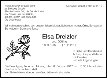 Traueranzeige von Elsa Dreizier von Eßlinger Zeitung/Cannstatter Zeitung