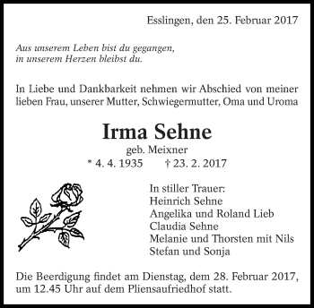 Traueranzeige von Irma Sehne von Eßlinger Zeitung/Cannstatter Zeitung