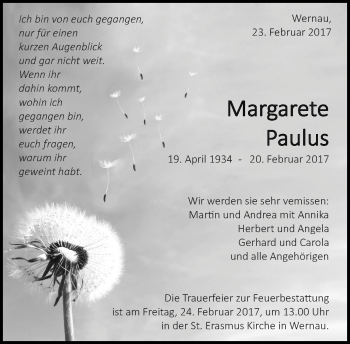 Traueranzeige von Margarete Paulus von Eßlinger Zeitung/Cannstatter Zeitung