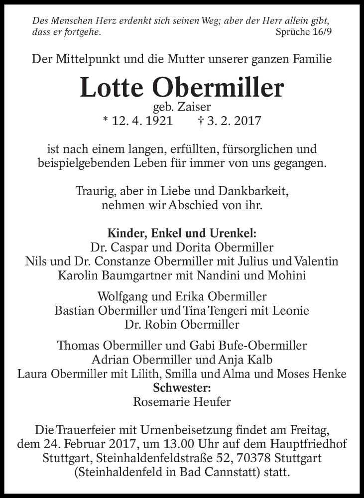  Traueranzeige für Lotte Obermiller vom 10.02.2017 aus Eßlinger Zeitung/Cannstatter Zeitung