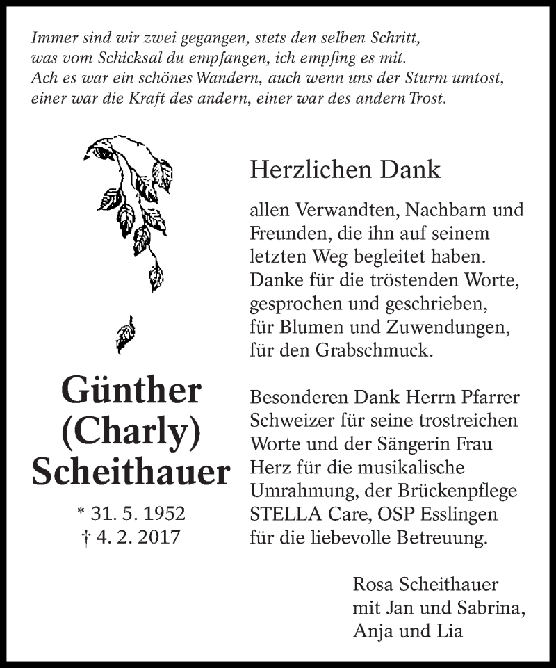  Traueranzeige für Günther Scheithauer vom 18.02.2017 aus Eßlinger Zeitung/Cannstatter Zeitung