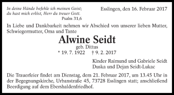 Traueranzeige von Alwine Seidt von Eßlinger Zeitung/Cannstatter Zeitung