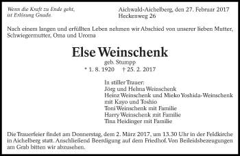 Traueranzeige von Else Weinschenk von Eßlinger Zeitung/Cannstatter Zeitung