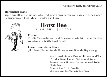 Traueranzeige von Horst Bee von Eßlinger Zeitung/Cannstatter Zeitung