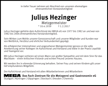 Traueranzeige von Julius Hezinger von Eßlinger Zeitung/Cannstatter Zeitung