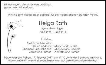 Traueranzeige von Helga Rath von Eßlinger Zeitung/Cannstatter Zeitung