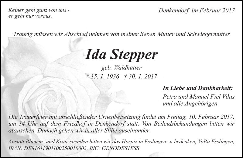  Traueranzeige für Ida Stepper vom 04.02.2017 aus Eßlinger Zeitung/Cannstatter Zeitung