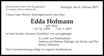 Traueranzeige von Edda Hofmann von Eßlinger Zeitung/Cannstatter Zeitung