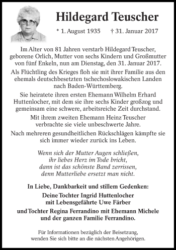 Traueranzeige von Hildegard Teuscher von Eßlinger Zeitung/Cannstatter Zeitung