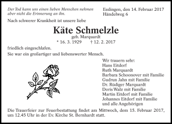 Traueranzeige von Käte Schmelzle von Eßlinger Zeitung/Cannstatter Zeitung
