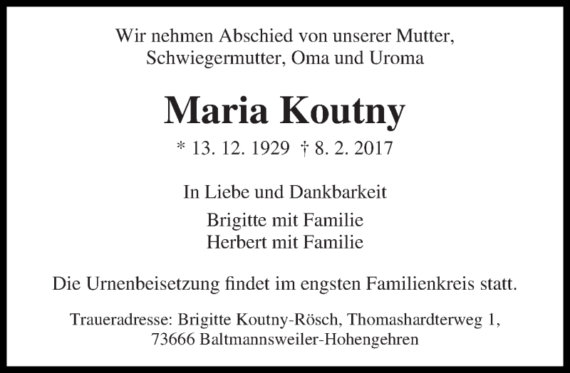  Traueranzeige für Maria Koutny vom 18.02.2017 aus Eßlinger Zeitung/Cannstatter Zeitung